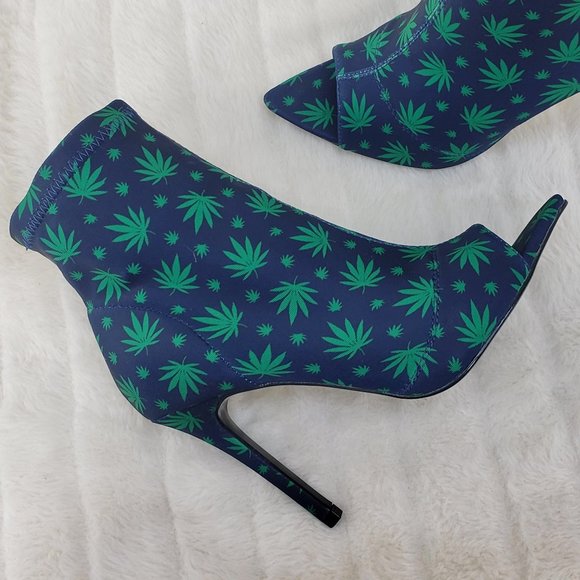 Navy Blue high heel ankle boot Pot Leaf Print - Picture 10 of 11